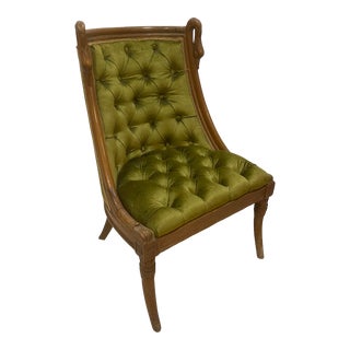 1920s Antique Gooseneck Armless Child Tufted Chair in Gaetano Green Antiqued Velvet, Walnut Wood For Sale