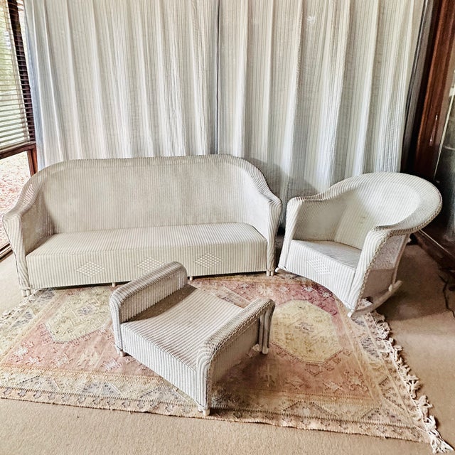 Vintage Lloyd Looms - 3 Piece Wicker Set: Sofa, Rocking Chair, Foot Stool/Side Table, 3 Pieces For Sale - Image 17 of 17