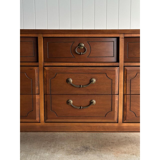 Ward Furniture Mfg. Vintage Ward Walnut Nine-Drawer Triple Dresser With Fluted Details For Sale - Image 4 of 16