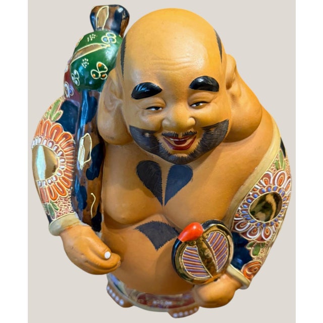 Japanese Antique Japanese Satsuma Hotei Okimono Uchiwa Fan Gilt Meiji Period 14.5" For Sale - Image 3 of 15