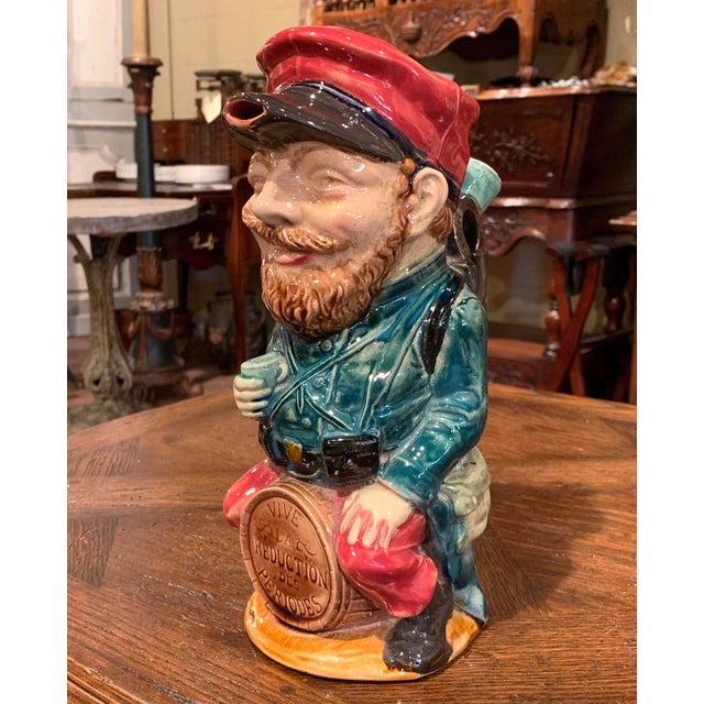 Late 19th Century 19th Century French Onnaing Hand-Painted Barbotine Soldier Pitcher For Sale - Image 5 of 10
