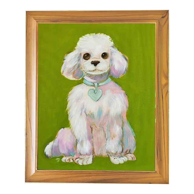 White Poodle Original Oil Painting, Signed, Chartreuse Green, Teak Wood Frame by Tatiana Duperault For Sale