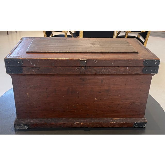 Industrial Vintage Carpenter's Chest With Aged Steel Hardware For Sale - Image 3 of 7