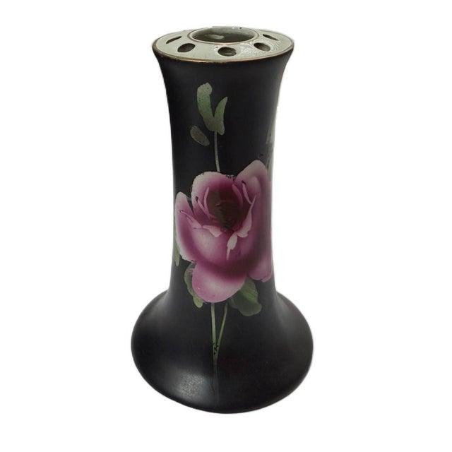 Art Deco Rare Vintage Midwinter Burslem "Porcelon" Vanity Set - 6pc Black & Pink Rose Art Deco For Sale - Image 3 of 10