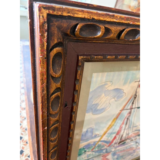 Traditional Paul Signac Style Mixed Media Sailboat Harbor Scene Framed Watercolor For Sale - Image 3 of 11
