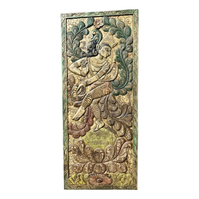 Vintage Colorful Dancing Krishna Carved Wood Door – Handcrafted Indian Art Wall Panel 83x36 For Sale