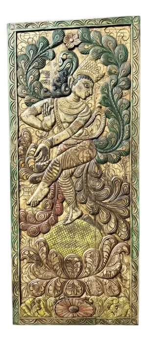 Vintage Colorful Dancing Krishna Carved Wood Door – Handcrafted Indian Art Wall Panel 83x36