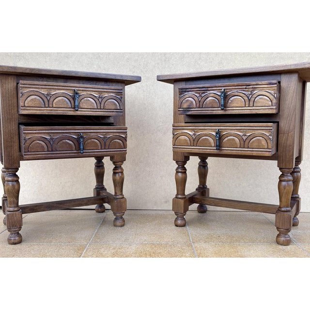Spanish Oak Bedside Tables with Drawers and Iron Hardware, 1950s, Set of 2 For Sale - Image 4 of 11