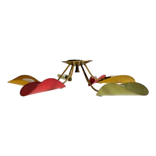 Mid-Century Modern Perforated Metal and Brass Ceiling Lamp by Mathieu Matégot, 1950s For Sale