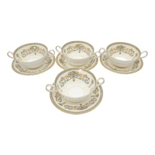 Set of 4 Aynsley “Henley” Bone China Cream Soup Bowls With Matching Saucers – Gilded English Scroll Motif 6.75" For Sale