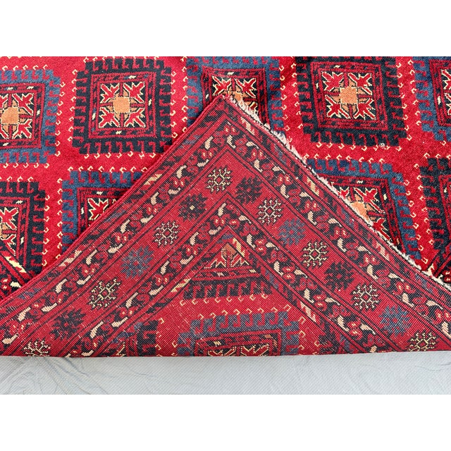 Hand-Knotted Crimson Red and Navy Blue Allover Geometric Wool Area Rug, 6'9" X 4'10" For Sale - Image 9 of 11
