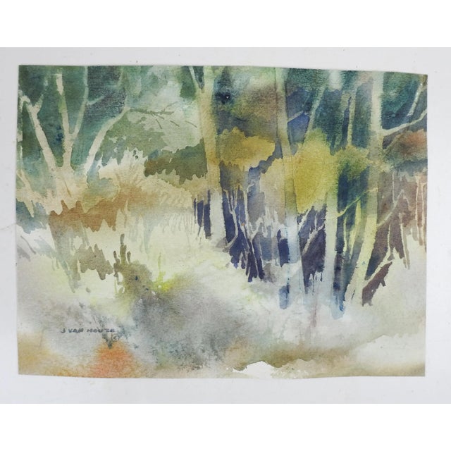 Contemporary Late 20th Century Misty Forest Landscape Watercolor Painting For Sale - Image 3 of 3
