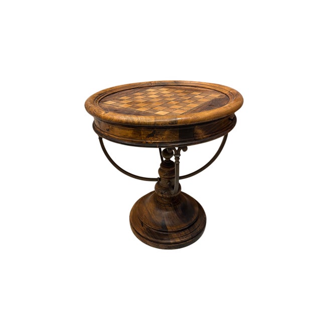 Rustic Late 20th Century Rustic Round Game Table With Inlaid Chess Board & Storage Drawer For Sale - Image 3 of 4