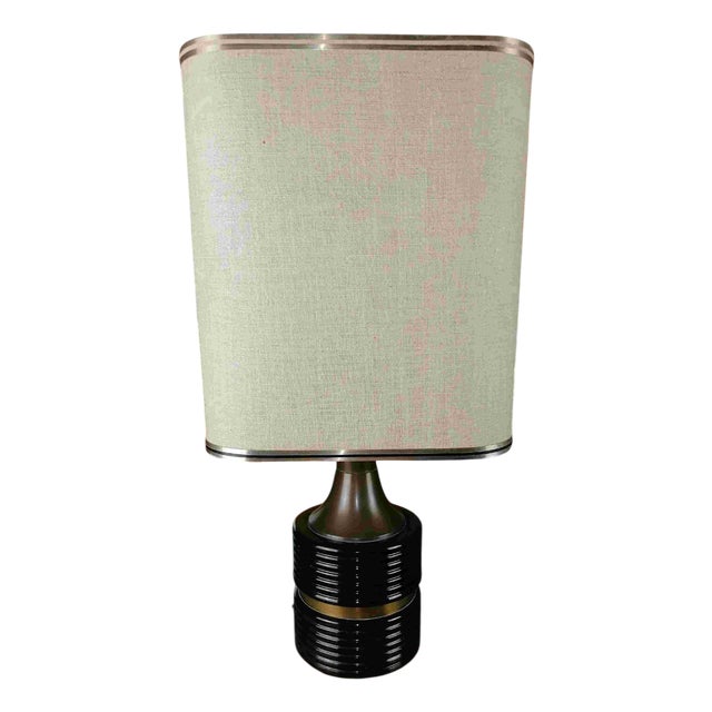 Table Lamp in Brass and Enamelled Aluminum with Laminated Paper Lampshade, 1970s For Sale