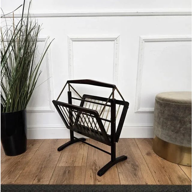 Mid-Century Italian Brass and Wood Folding Folio Stand Magazine Rack, 1960s For Sale - Image 6 of 10