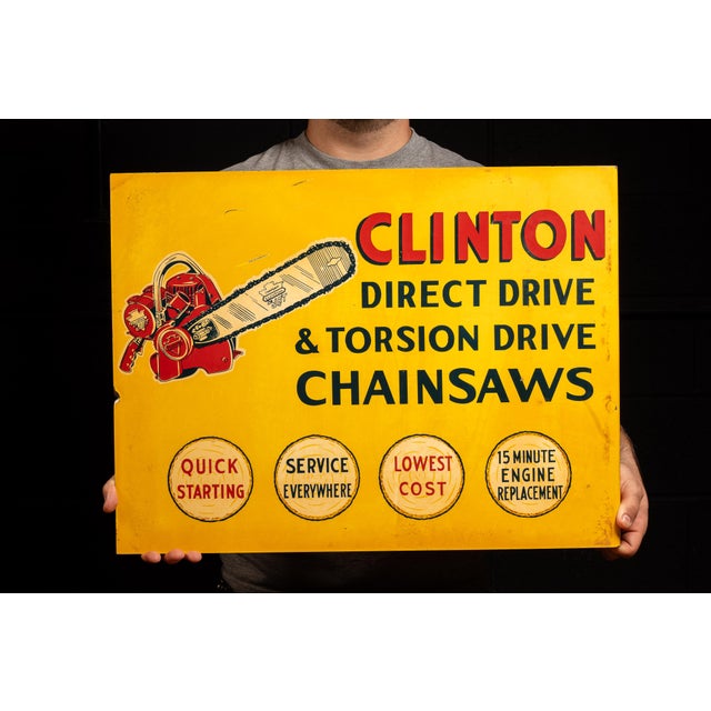 1940s Vintage Clinton Chainsaws Flange Advertising Sign For Sale - Image 5 of 9