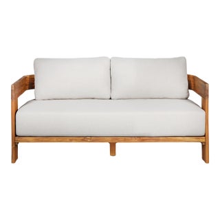 Paradiso Outdoor Solid Teak Wood Love Seat - Gray Fabric For Sale