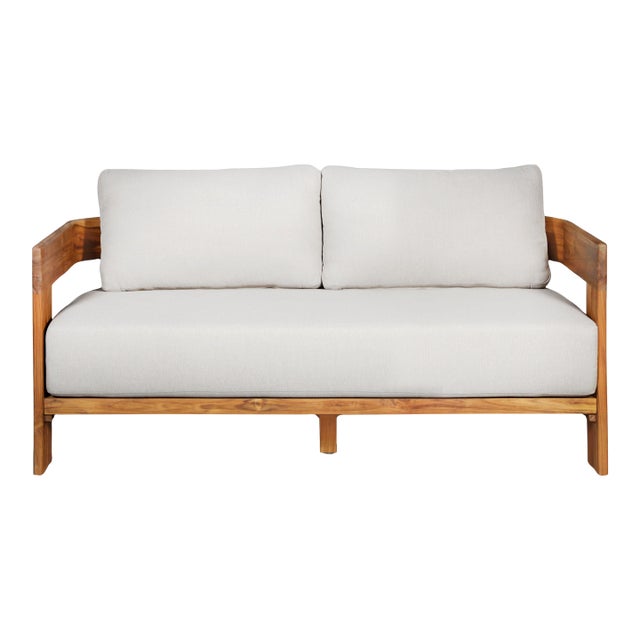 Paradiso Outdoor Solid Teak Wood Love Seat - Gray Fabric For Sale