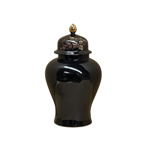 This elegant Shibata Japanese ginger jar features a striking black porcelain body with a high-gloss finish, providing a...
