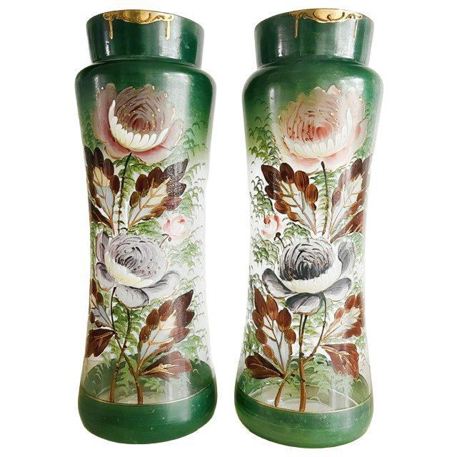 Antique Victorian Art Nouveau Gilded Gold Hand-Painted Flowers Green Glass Vases, 1900s, Set of 2 For Sale - Image 6 of 6