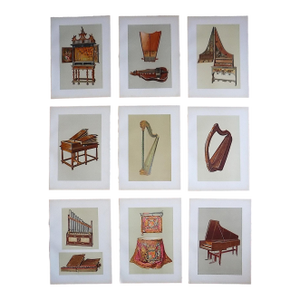 Antique 19th C. Ltd. Ed. Lithographs of Important Antique Musical Instruments - Set of 9