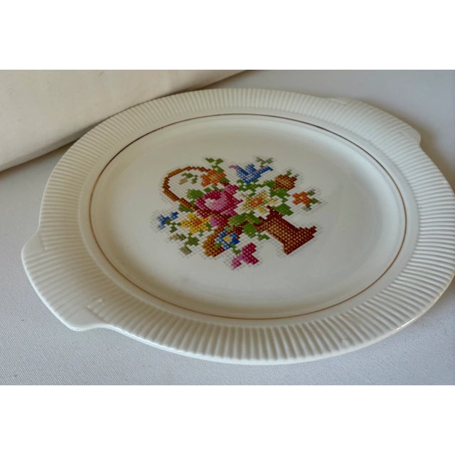 Farmhouse Trompe L’oeil Needlepoint "Victory Basket” Cake Plate For Sale - Image 3 of 8