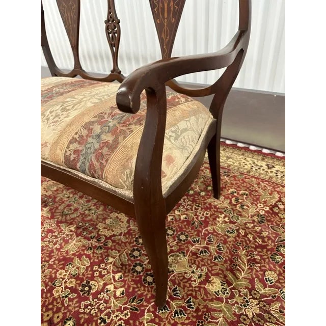 1910s 1910s Antique French Turn of the Century Upholstered Bench With Wood Inlay For Sale - Image 5 of 6