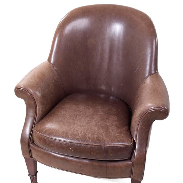 Baker Furniture Brown Leather Barrel Club Lounge Chairs For Sale - Image 11 of 12