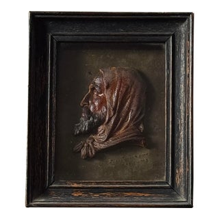 Antique French Red Bas-Relief Wax Profile of a Bearded Man With Hood, Signed For Sale