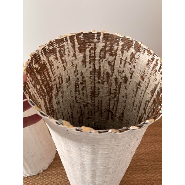 White Antique White Panted Wicker Tall Fish Baskets For Sale - Image 8 of 10