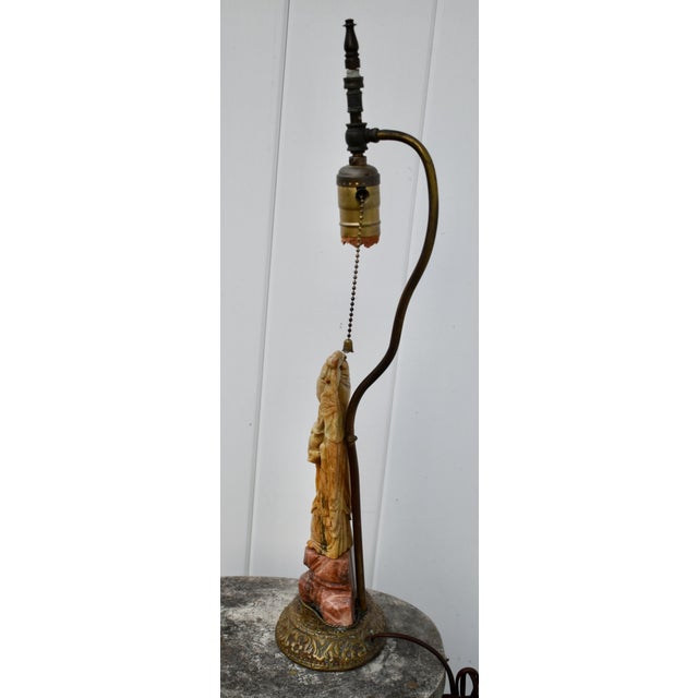 Antique Carved Soapstone Lamp of the Goddess Guanyin on Ornate Brass Base For Sale In Philadelphia - Image 6 of 12