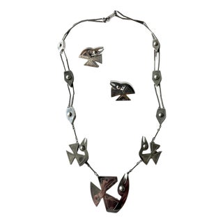 Modern Bird Motif Sterling Silver Necklace and Earrings Set Graziella Laffi For Sale