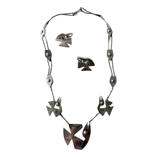 Modern Bird Motif Sterling Silver Necklace and Earrings Set Graziella Laffi For Sale