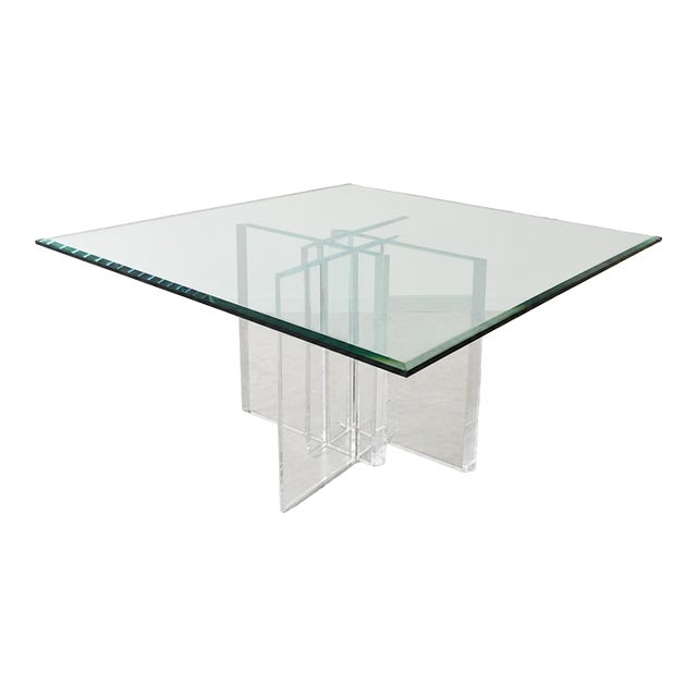 PostModern Attributed to Jeffrey Bigelow 1990s Square Beveled Glass Dining Table With Lucite Base For Sale