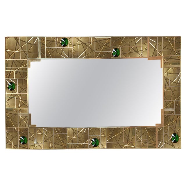 Not Yet Made - Made To Order Striped Brass Wall Mirror with 6 Green Murano Glass Jewels from Justfurnituress SRL For Sale - Image 5 of 5
