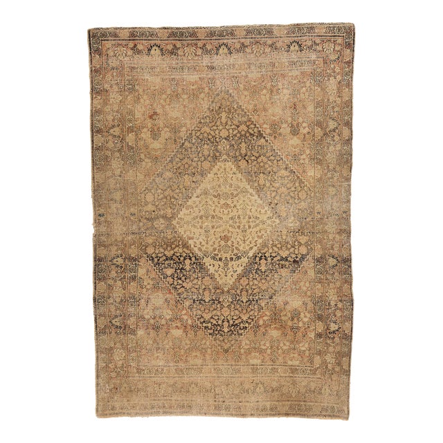 Distressed Antique Persian Mahi Tabriz Rug - 04'04 X 06'06 For Sale