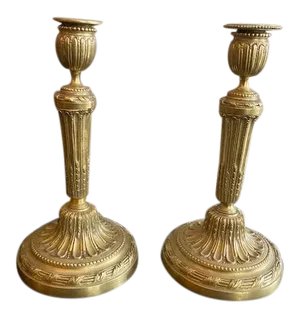 Antique 19th C. French Bronze Candlesticks Chased - a Pair