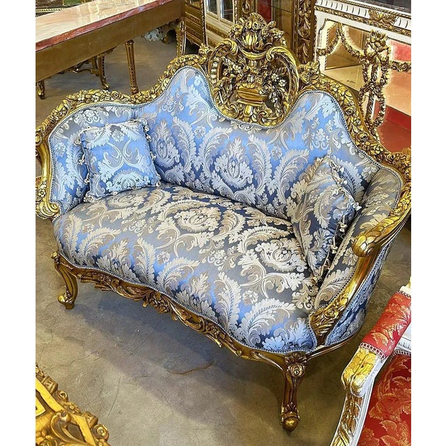 Rococo Rococo Style Blue Sofa With Gold Details For Sale - Image 3 of 3