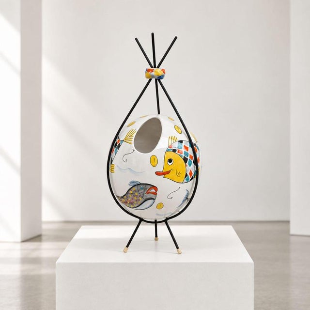 Mid 20th Century Italian Glazed Ceramic Flower Vase with Fish Decoration from Rometti, 1950s For Sale - Image 5 of 9