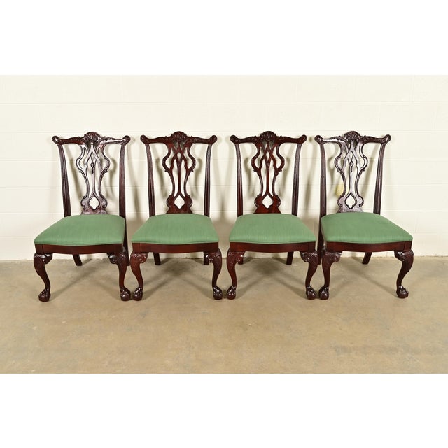An outstanding set of four Chippendale or Georgian style dining chairs By Thomasville USA, Circa 1980s Carved solid...