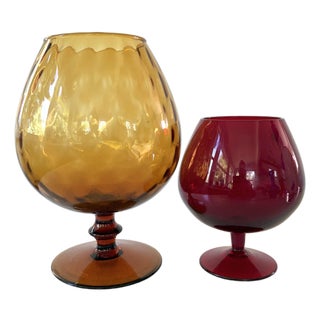 Pair of MCM Empoli Glass Vessels, Amber and Red For Sale