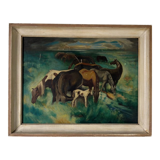 Carson Sutherlin Davenport (1908 - 1972)- "Chincoteague Ponies" Oil Canvas Painting For Sale
