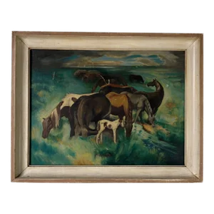 Carson Sutherlin Davenport (1908 - 1972)- "Chincoteague Ponies" Oil Canvas Painting