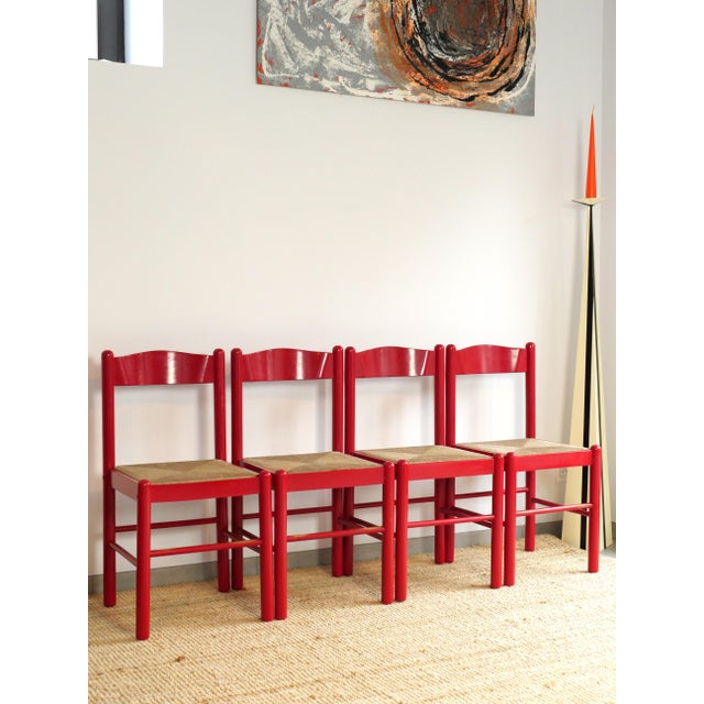 Red Lacquered Wooden Chairs with Braided Rope Seats, 1980s, Set of 4 For Sale - Image 12 of 12