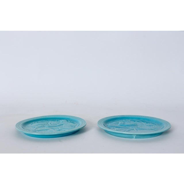 1930s Pair of 1939 World's Fair Capital & Labor Turquoise Souvenir Ceramic Plates For Sale - Image 5 of 12
