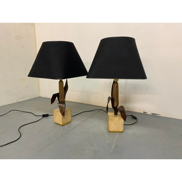 Vintage Bronze, Brass and Travertin Table Lamps from Maison Charles, 1970s, Set of 2 For Sale - Image 6 of 13