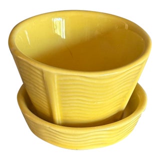 Vintage McCoy Pottery Yellow Basketweave Flowerpot With Attached Saucer For Sale