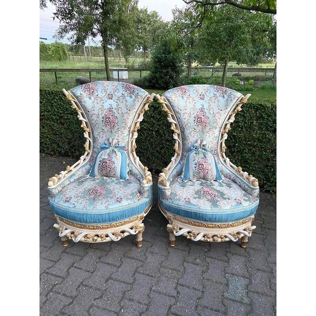 Wood 1970 Louis XVI White Beech Turquoise Lounge Chairs-Pair For Sale - Image 7 of 12