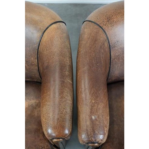 Brown Vintage Club Chairs in Sheepskin Leather, Set of 2 For Sale - Image 8 of 14