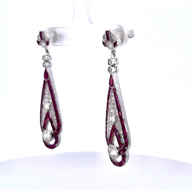 1990s Pair of Art Deco 18k White Gold Ruby Diamond Drop Earrings, 2" Length For Sale - Image 4 of 12